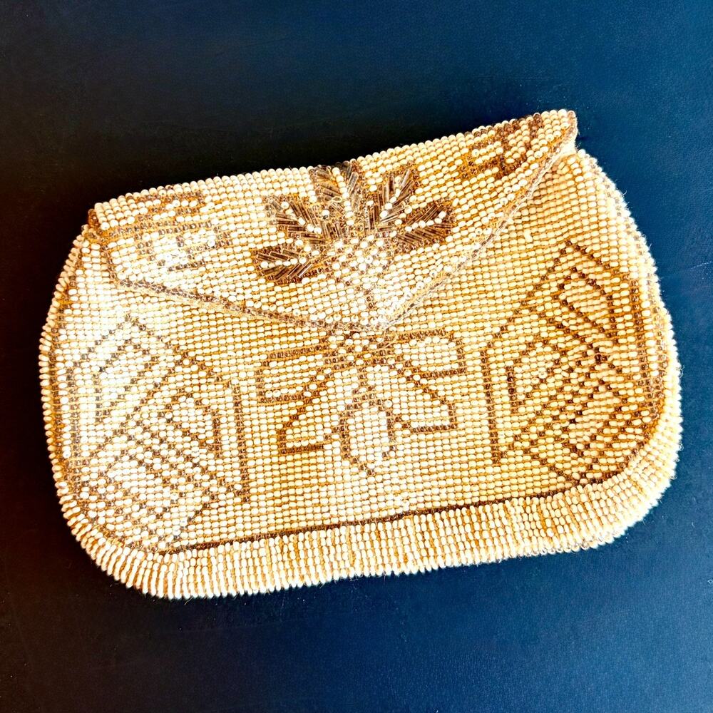 Beaded Clutch Purse Vintage Floral Geometric Glass Seed Bead Evening Bag